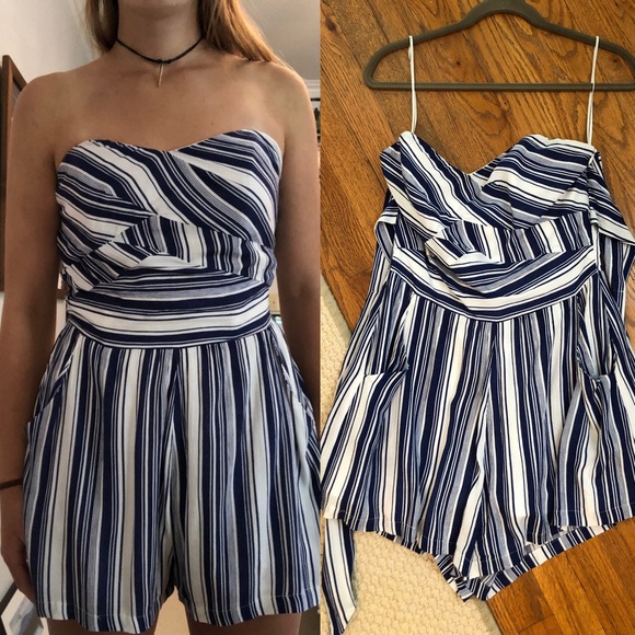 Blue and White stripped, strapless romper - Picture 3 of 3
